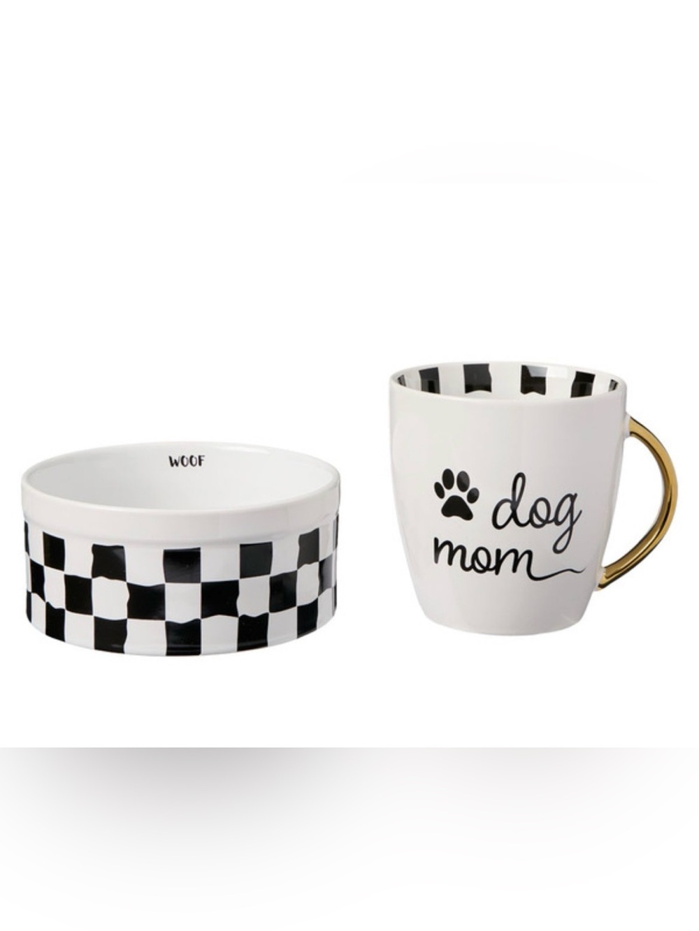 NWT Dog Mom Ceramic Mug & Checker Pet Bowl Set - Black & White